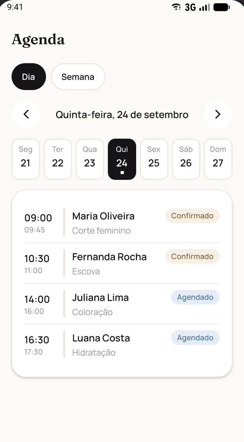 Agenda do dia no GlowUp App, com horários, clientes e status de confirmação