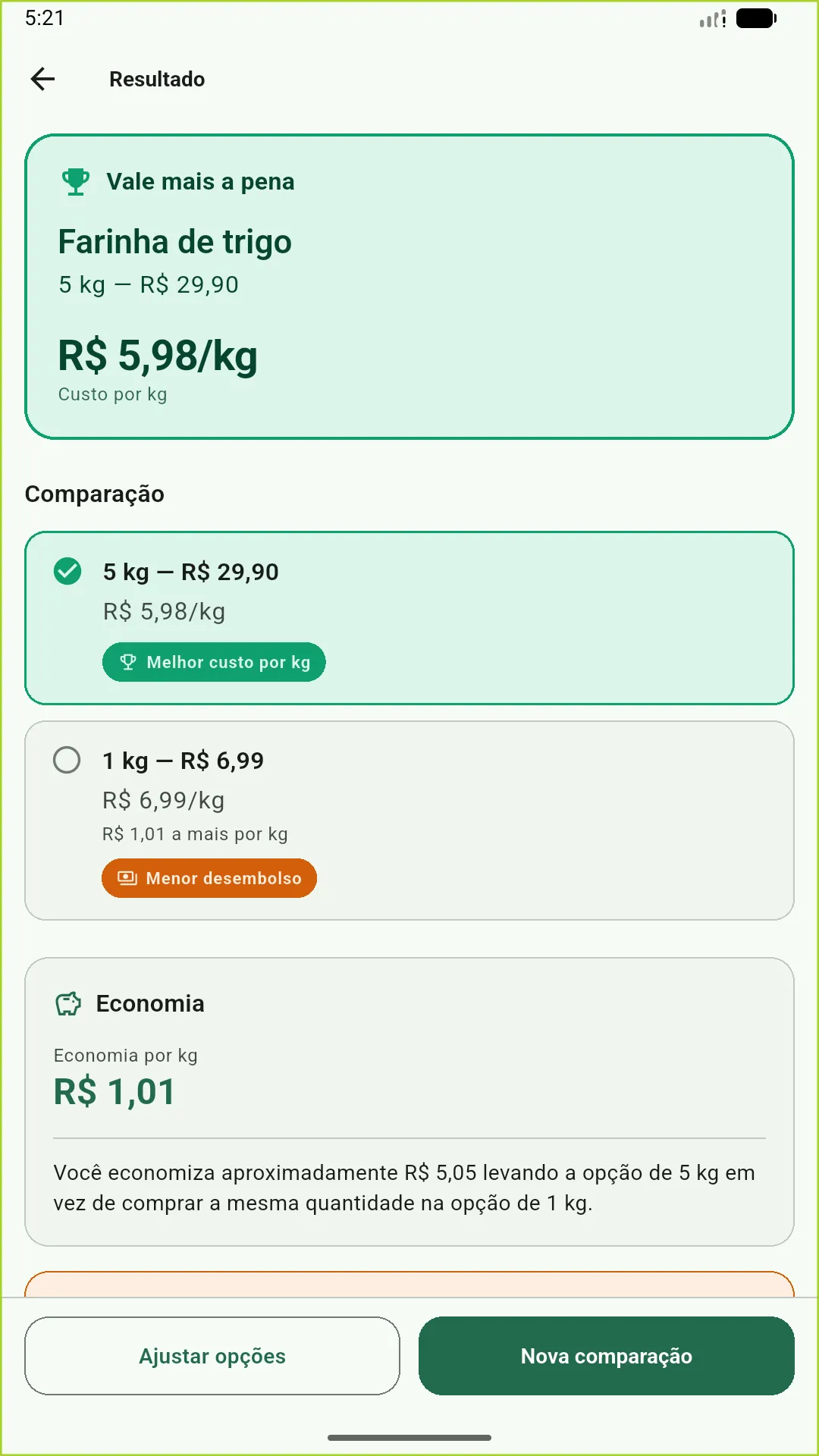 Resultado do Vale a Pena? mostrando a embalagem de 5 kg como melhor custo por quilo e a economia calculada
